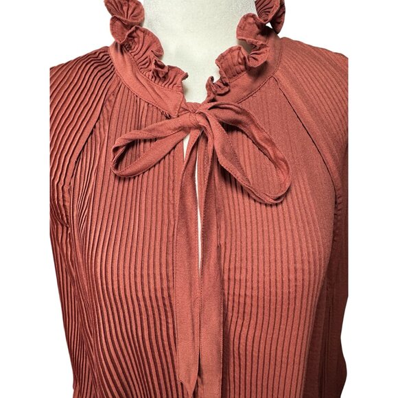 NWOT Treasure & Bond Womens Blouse Size XL Red Rust Pleated Ruffle Neck Tie - Picture 2 of 10